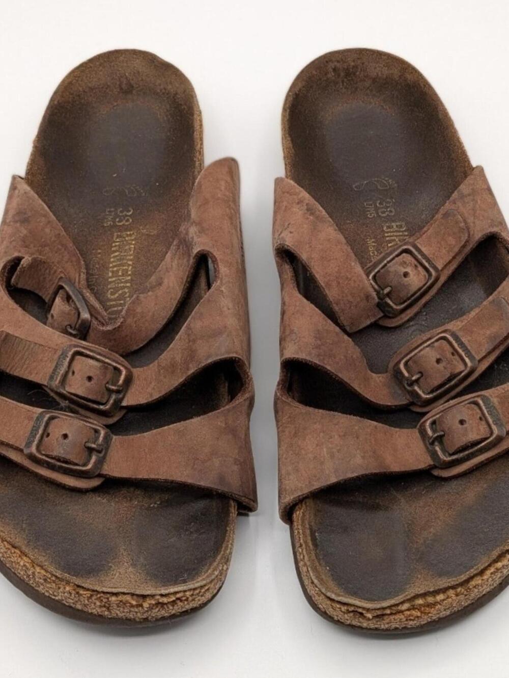 Birkenstock EU 38 US 7.5 Florida Tobacco Brown Oiled Leather 3 Strap Sandals